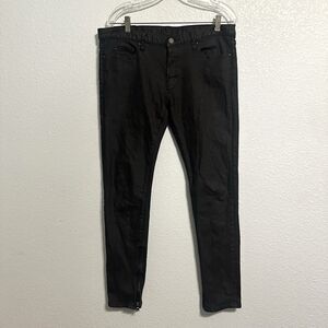MNML Jeans Mens 36x31 Black Wax Coated Skinny Stretch Ankle Zippers Denim